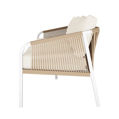 Side view of the Vernon 5 Seater Aluminium Outdoor Sofa Set in Cream White, highlighting its modern lounge chair with a white metal frame and tan rope detailing, featuring thick cushions for comfort.