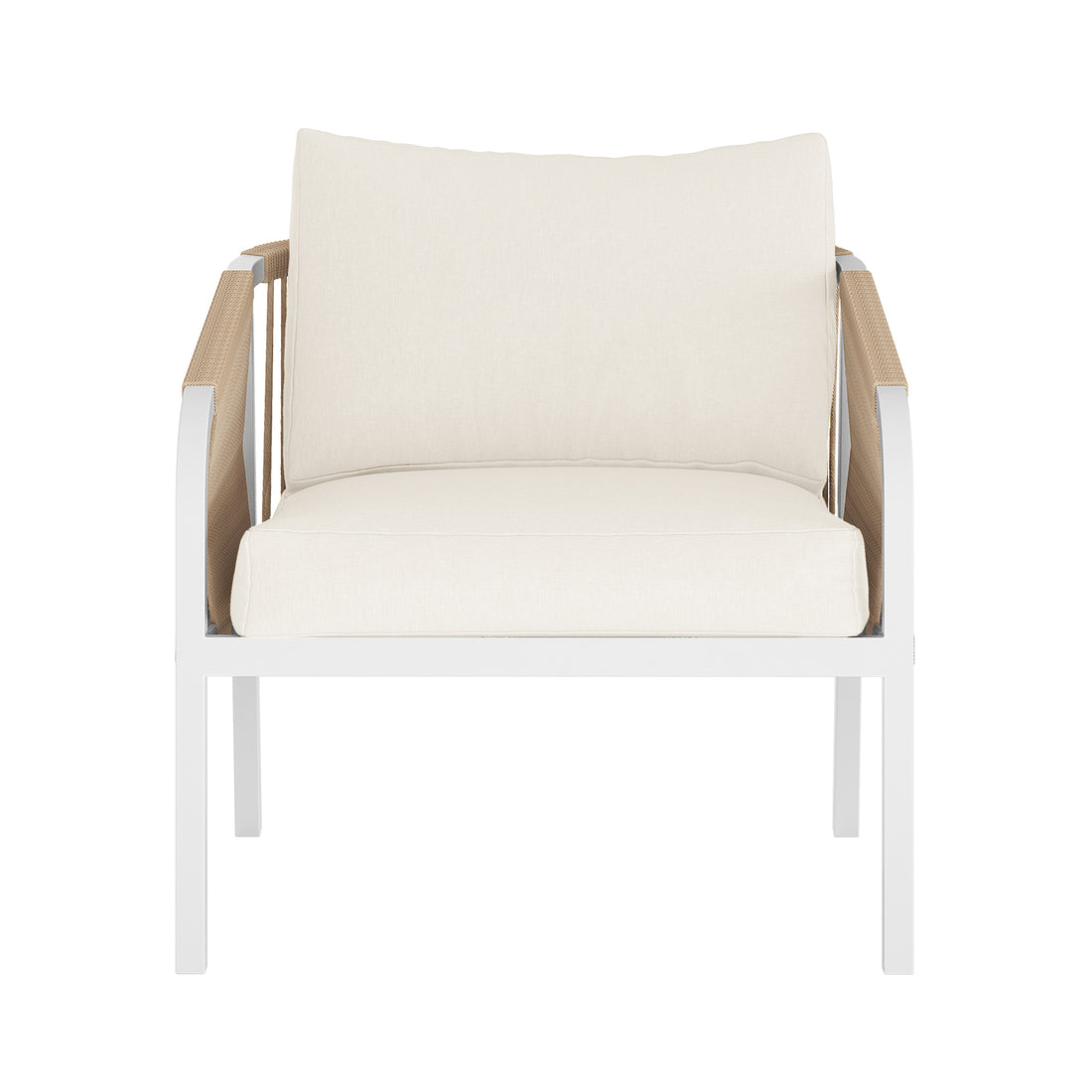 Vernon 5 Seater Aluminium Outdoor Sofa Set in Cream White showcases a modern single-seat armchair with a slim white metal frame, woven rope panels, and thick light-beige cushions.