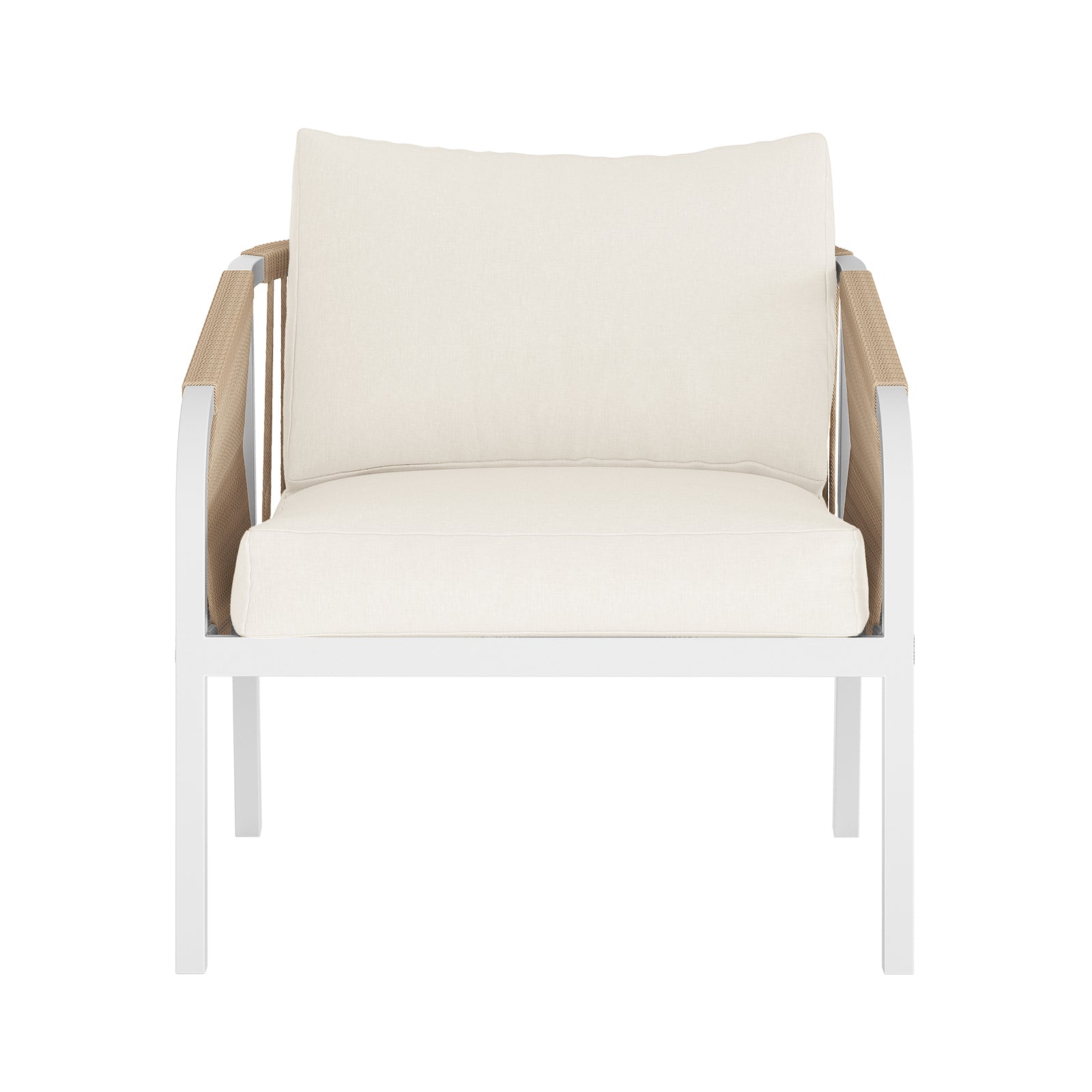 Vernon 5 Seater Aluminium Outdoor Sofa Set in Cream White showcases a modern single-seat armchair with a slim white metal frame, woven rope panels, and thick light-beige cushions.