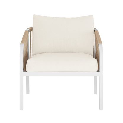 Vernon 5 Seater Aluminium Outdoor Sofa Set in Cream White showcases a modern single-seat armchair with a slim white metal frame, woven rope panels, and thick light-beige cushions.