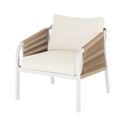 Vernon 5 Seater Aluminium Outdoor Sofa Set in Cream White features a modern armchair with white metal frame and woven tan rope sides, complemented by thick off-white cushions.