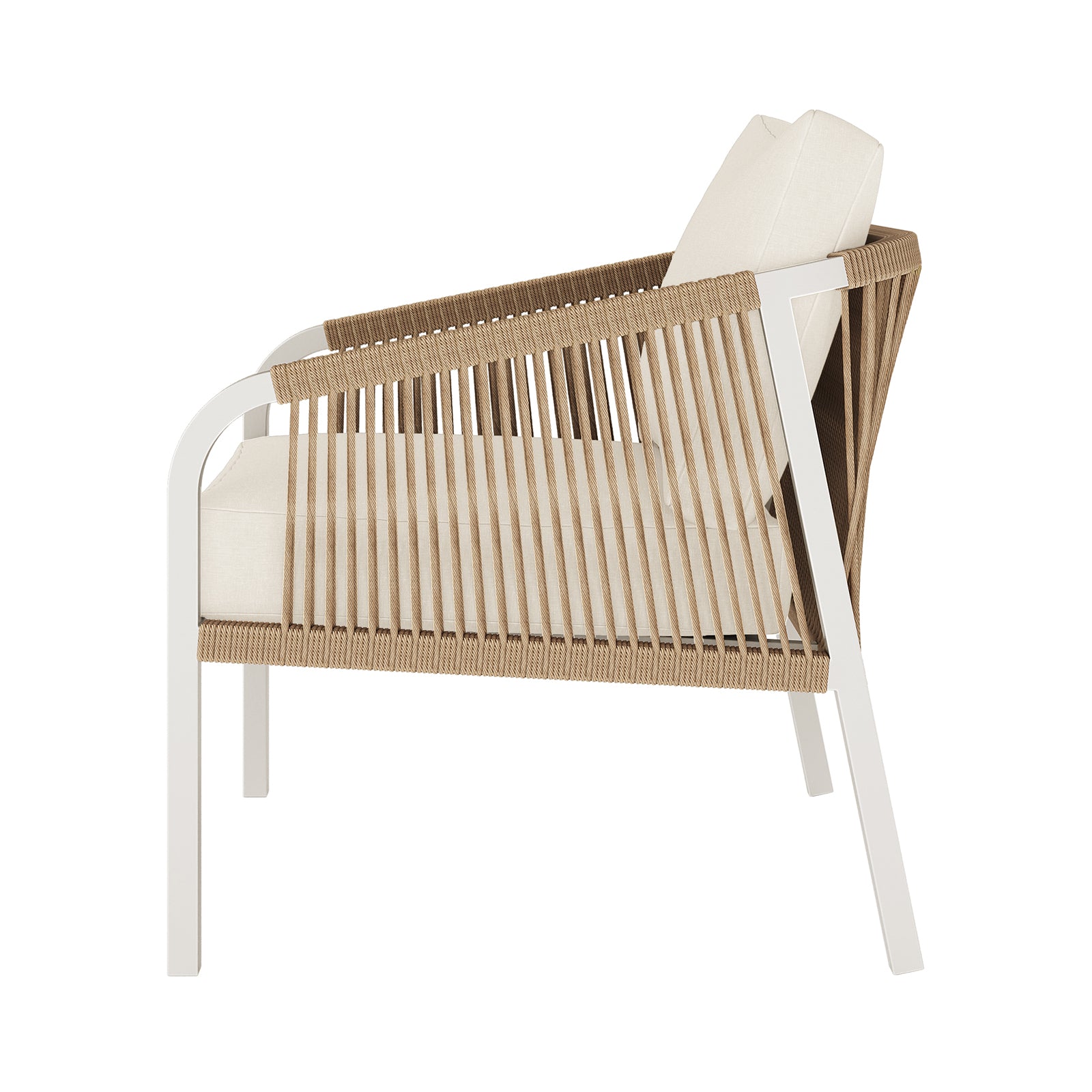 Vernon 5 Seater Aluminium Outdoor Sofa Set in Cream White, featuring a slim white metal frame, natural-toned rope sides, and an off-white cushioned seat and back, showcasing contemporary elegance.