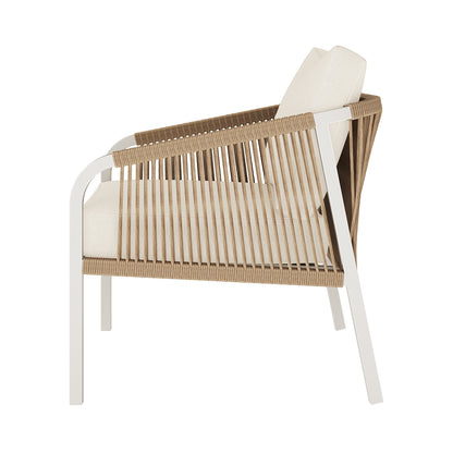 Vernon 5 Seater Aluminium Outdoor Sofa Set in Cream White, featuring a slim white metal frame, natural-toned rope sides, and an off-white cushioned seat and back, showcasing contemporary elegance.