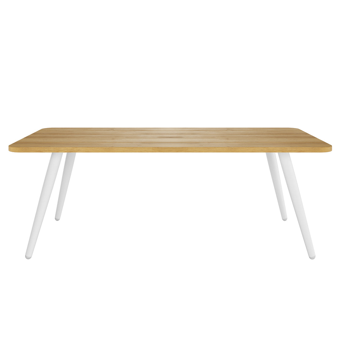 Modern-style table with a light oak rectangular top and rounded edges, supported by four splayed cylindrical white legs, part of the Vernon 5 Seater Aluminium Outdoor Sofa Set in Cream White.