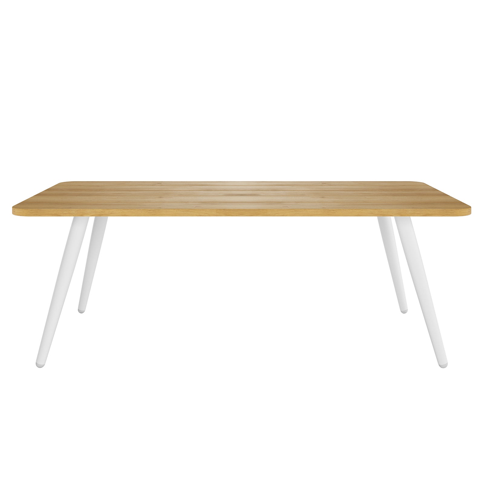 Modern-style table with a light oak rectangular top and rounded edges, supported by four splayed cylindrical white legs, part of the Vernon 5 Seater Aluminium Outdoor Sofa Set in Cream White.