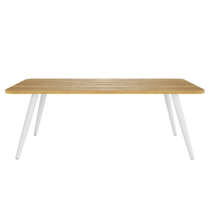 Modern-style table with a light oak rectangular top and rounded edges, supported by four splayed cylindrical white legs, part of the Vernon 5 Seater Aluminium Outdoor Sofa Set in Cream White.