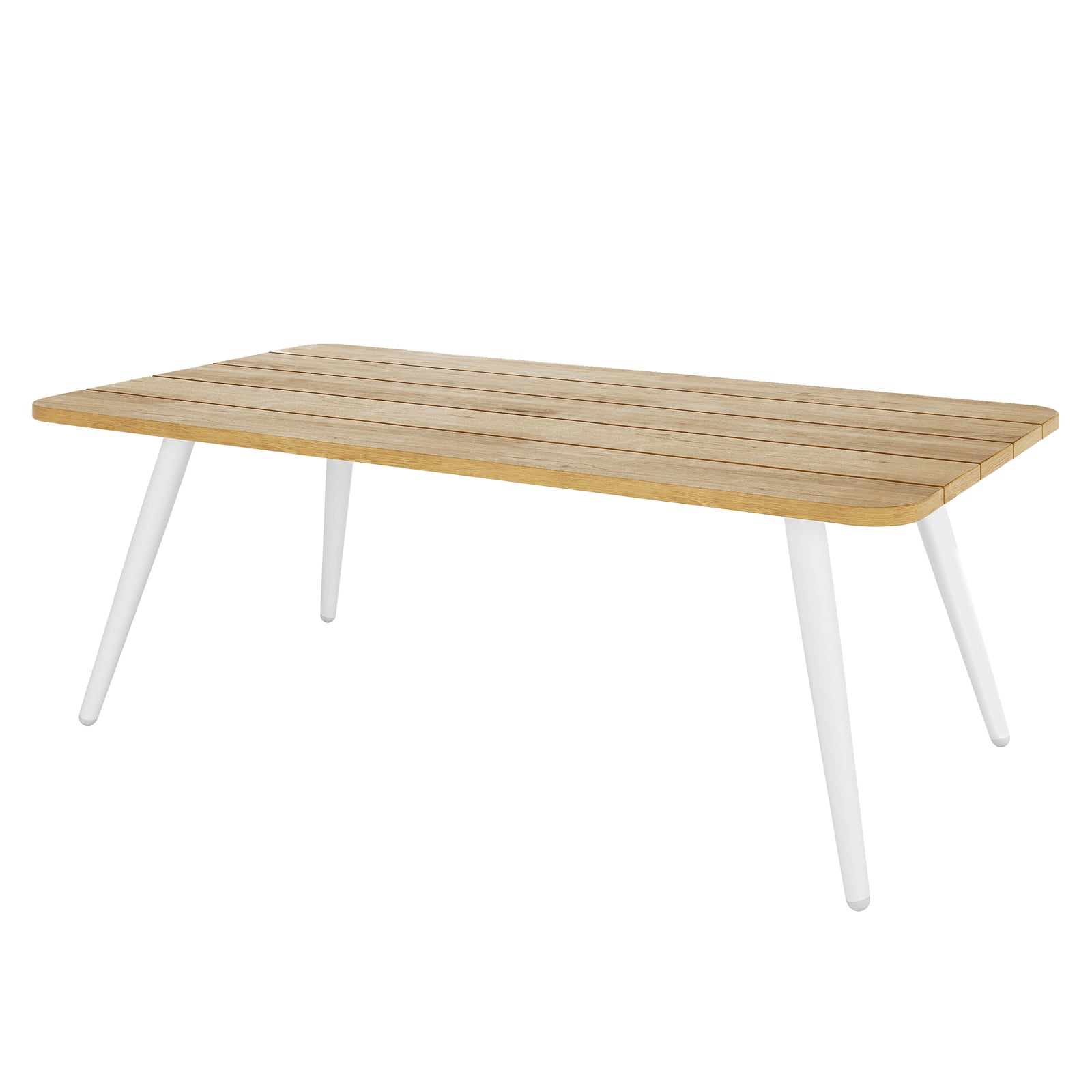 Vernon 5 Seater Aluminium Outdoor Sofa Set in Cream White features a modern rectangular table with a slatted light-wood top and white-painted splayed legs, suitable for outdoor lounging.