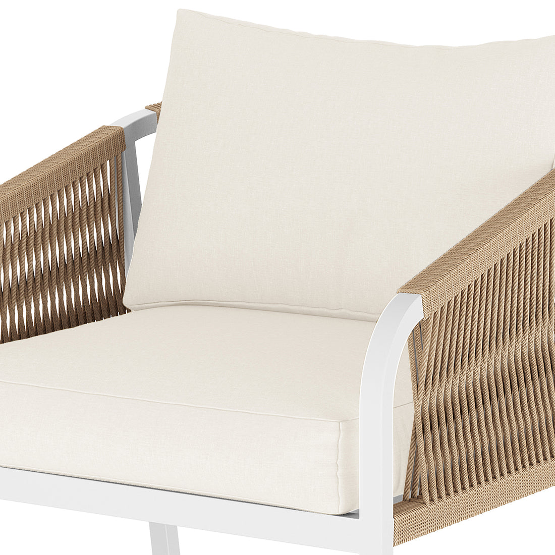 Vernon 5 Seater Aluminium Outdoor Sofa Set in Cream White featuring a modern armchair with a white powder-coated metal frame, off-white cushions, and tan rope detailing for contemporary style.