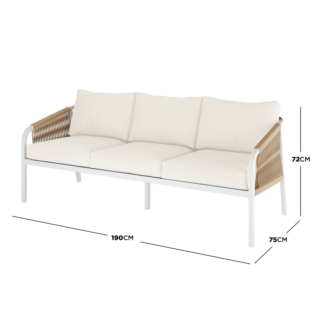 Vernon 5 Seater Aluminium Outdoor Sofa Set in Cream White features a slim metal frame, woven rope arm panels, and light-cream cushions, ideal for stylish, minimalist outdoor lounging.
