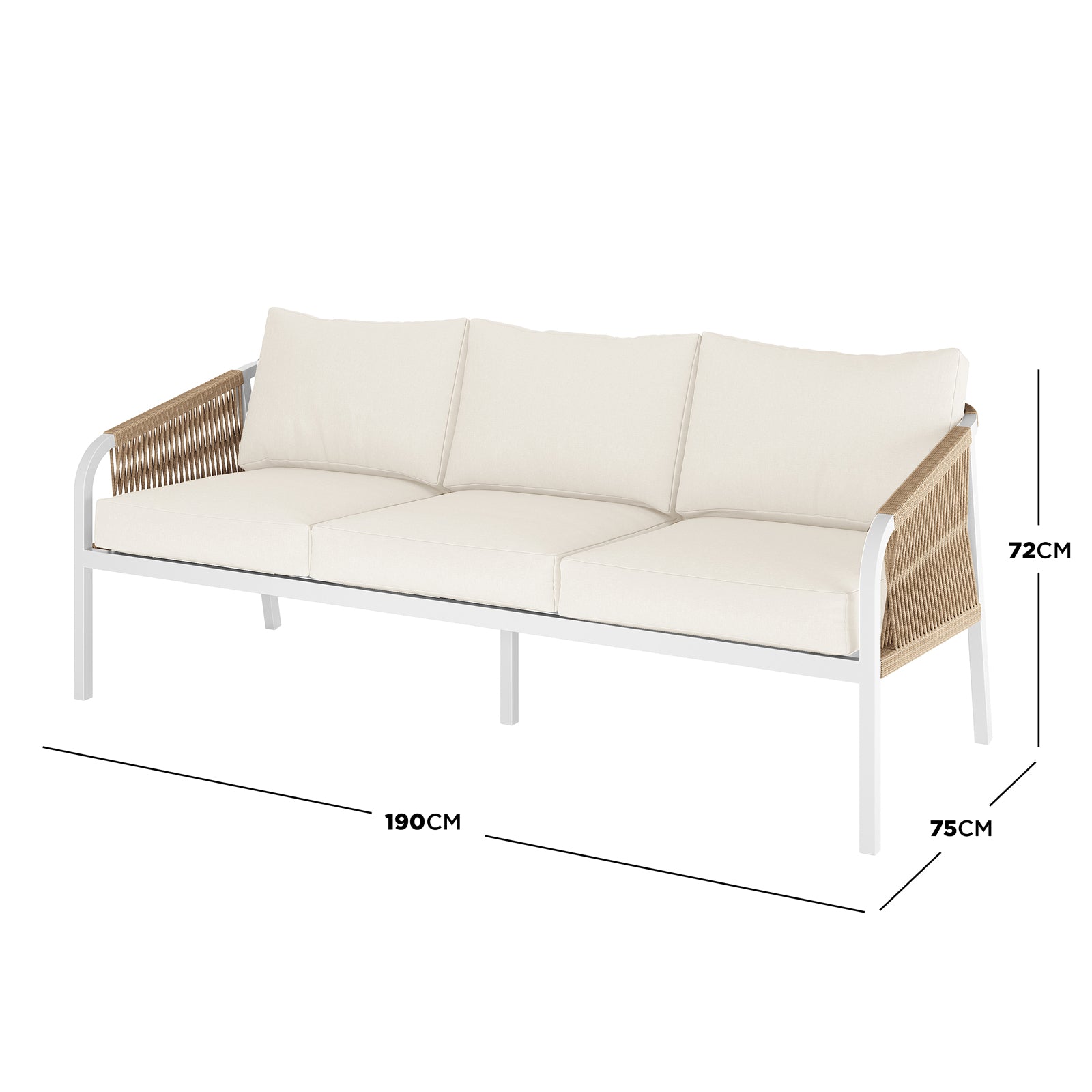 Vernon 5 Seater Aluminium Outdoor Sofa Set in Cream White features a slim metal frame, woven rope arm panels, and light-cream cushions, ideal for stylish, minimalist outdoor lounging.
