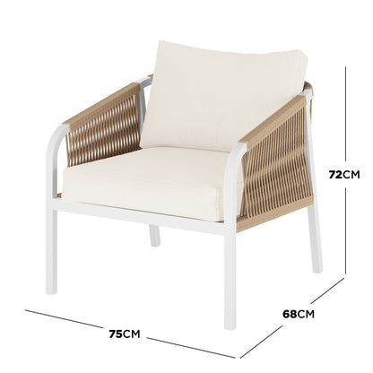 Vernon 5 Seater Aluminium Outdoor Sofa Set in Cream White features a single-seat armchair with a white metal frame, tan-rope sides, and removable cream cushions, measuring 75x68x72cm.