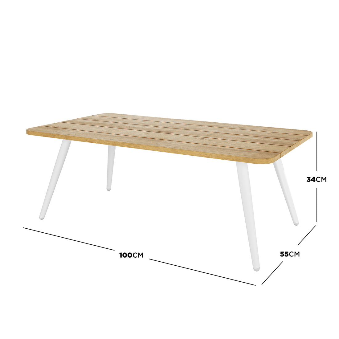 Vernon 5 Seater Aluminium Outdoor Sofa Set features a low rectangular table with a slatted light-wood top and four tapered white legs, measuring 100cm in length, 55cm in depth, and 34cm in height.
