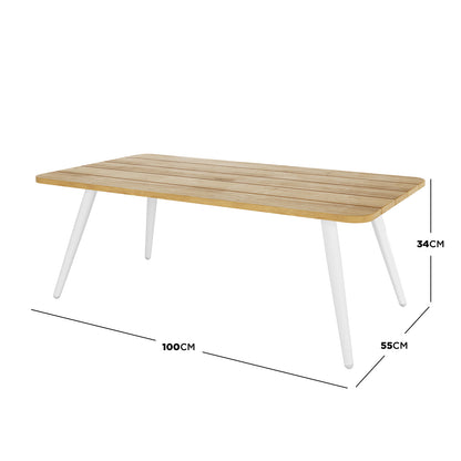 Vernon 5 Seater Aluminium Outdoor Sofa Set features a low rectangular table with a slatted light-wood top and four tapered white legs, measuring 100cm in length, 55cm in depth, and 34cm in height.
