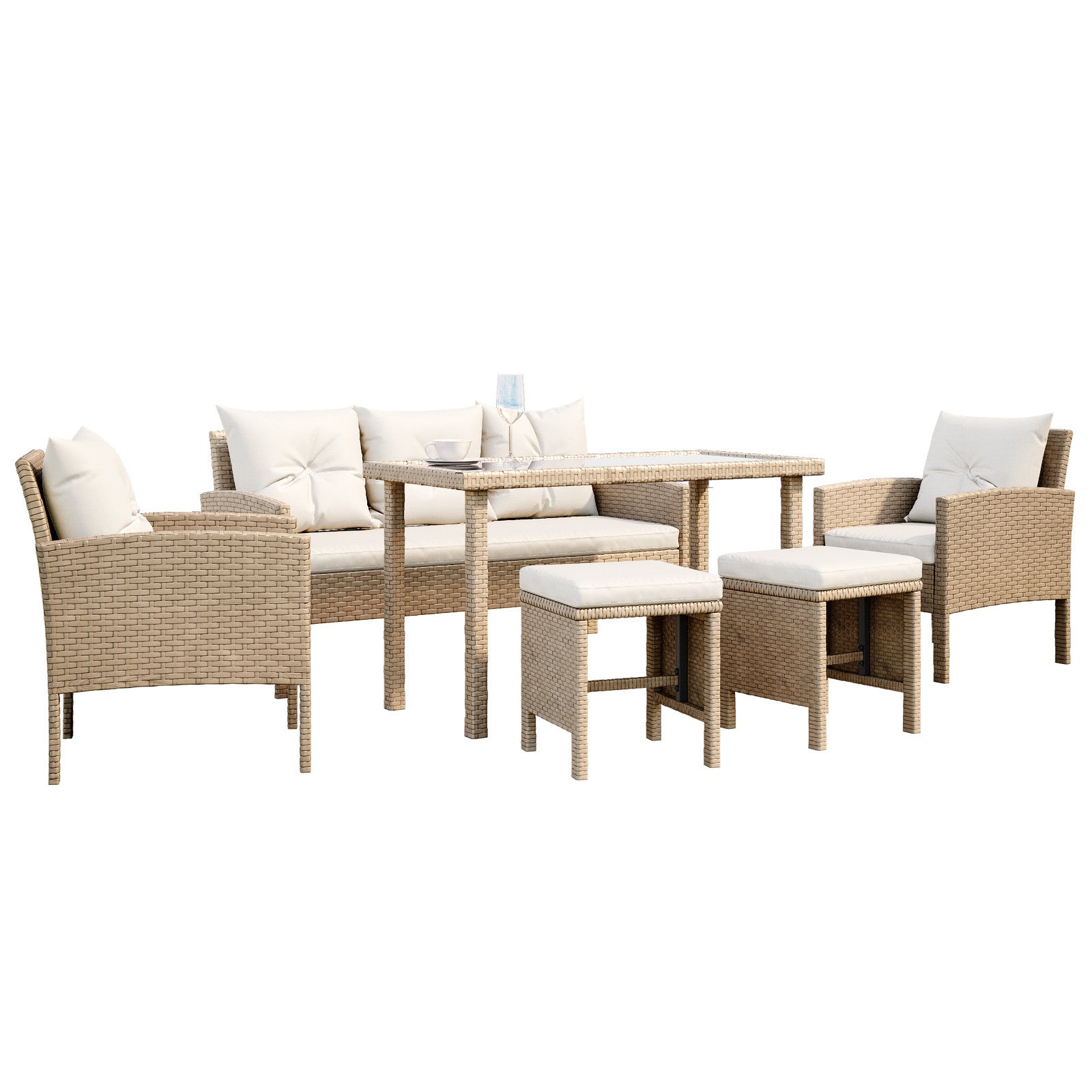 Vero 7 Seater Wicker Outdoor Sofa Dining Set, highlighting the intricate wicker design on the chair armrest, plush pillow, and sturdy footstool for a cozy outdoor setup.