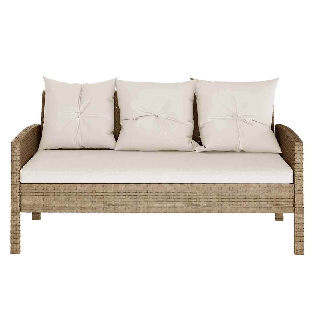 Vero 7 Seater Wicker Outdoor Dining Sofa Set in Natural, featuring a light brown wicker loveseat with cream cushions, showcasing a cozy, elegant design ideal for outdoor relaxation and dining.