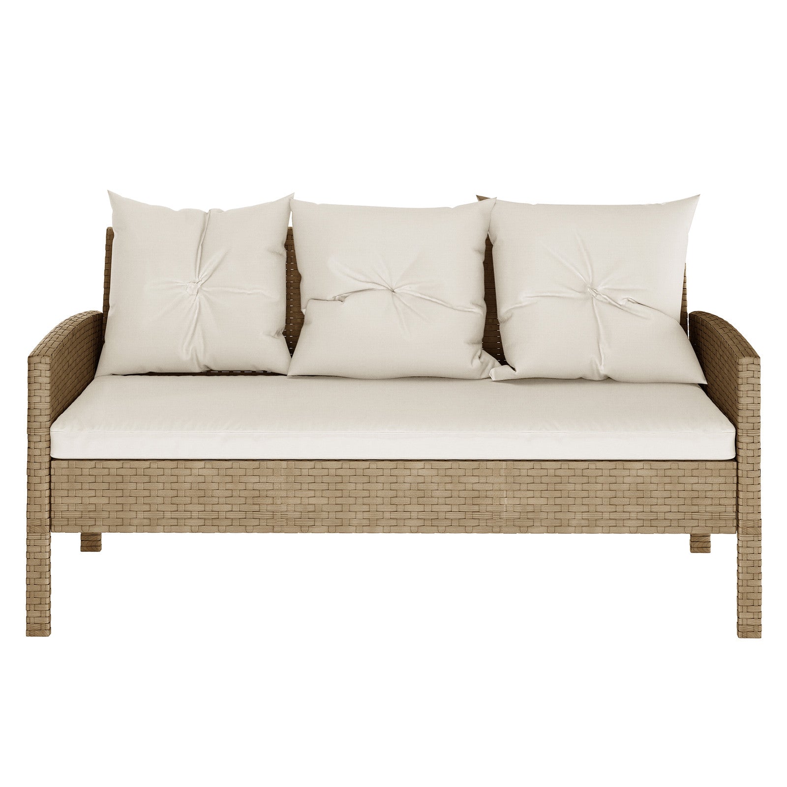 Vero 7 Seater Wicker Outdoor Dining Sofa Set in Natural, featuring a light brown wicker loveseat with cream cushions, showcasing a cozy, elegant design ideal for outdoor relaxation and dining.