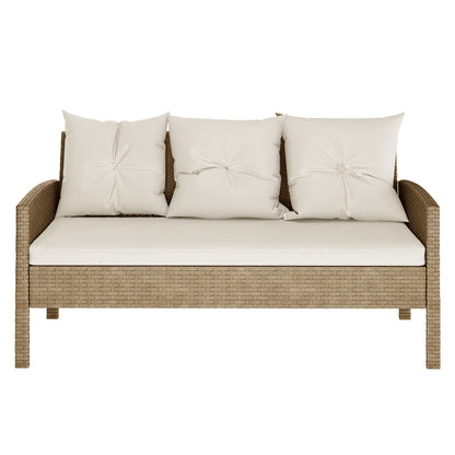 Vero 7 Seater Wicker Outdoor Dining Sofa Set in Natural, featuring a light brown wicker loveseat with cream cushions, showcasing a cozy, elegant design ideal for outdoor relaxation and dining.