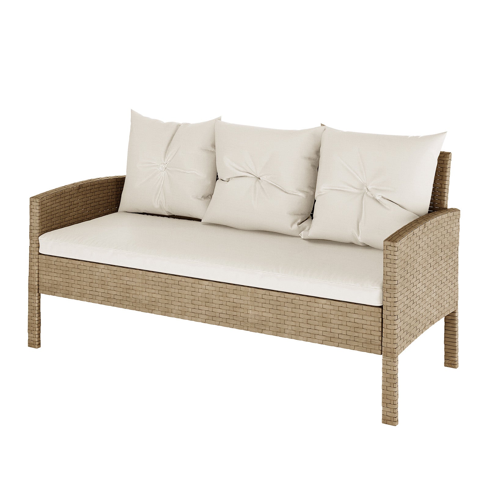 Vero 7 Seater Wicker Outdoor Dining Sofa Set in Natural featuring a synthetic wicker loveseat with off-white cushions, gently curved arms, perfect for patio or garden settings.