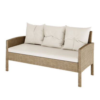 Vero 7 Seater Wicker Outdoor Dining Sofa Set in Natural featuring a synthetic wicker loveseat with off-white cushions, gently curved arms, perfect for patio or garden settings.
