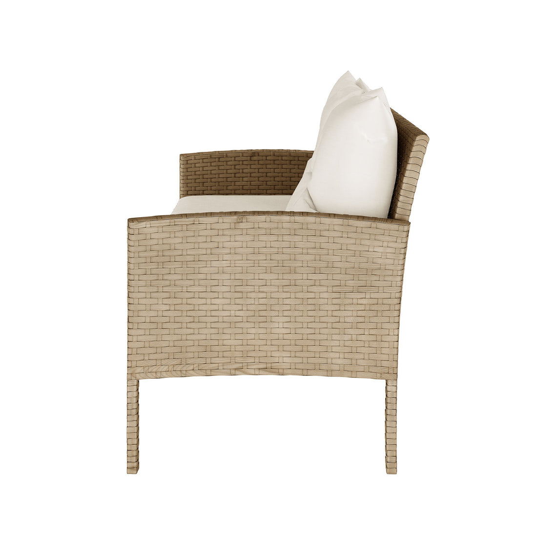 Side view of the Vero 7 Seater Wicker Outdoor Dining Sofa Set in Natural, showcasing a light-beige wicker armchair with white seat and back cushions, embodying comfort and outdoor elegance.