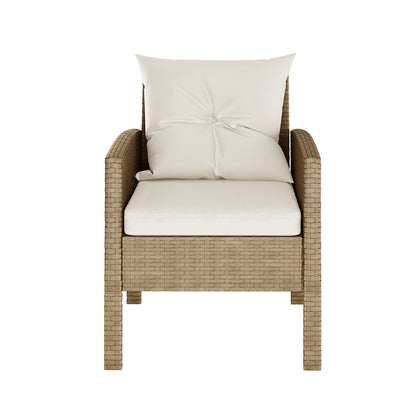 Vero 7 Seater Wicker Outdoor Dining Sofa Set in Natural features a light brown woven wicker armchair with a thick white seat cushion and matching back pillow, perfect for outdoor relaxation.