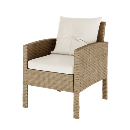 Vero 7 Seater Wicker Outdoor Dining Sofa Set in Natural features a light tan wicker armchair with squared legs and armrests, topped with an off-white seat cushion and matching back pillow.