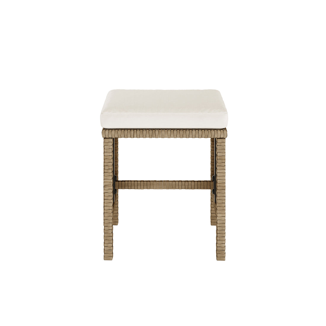 Vero 7 Seater Wicker Outdoor Dining Sofa Set in Natural, featuring a small square stool with a woven frame and a removable light-colored seat cushion, highlighting its elegant and functional design.