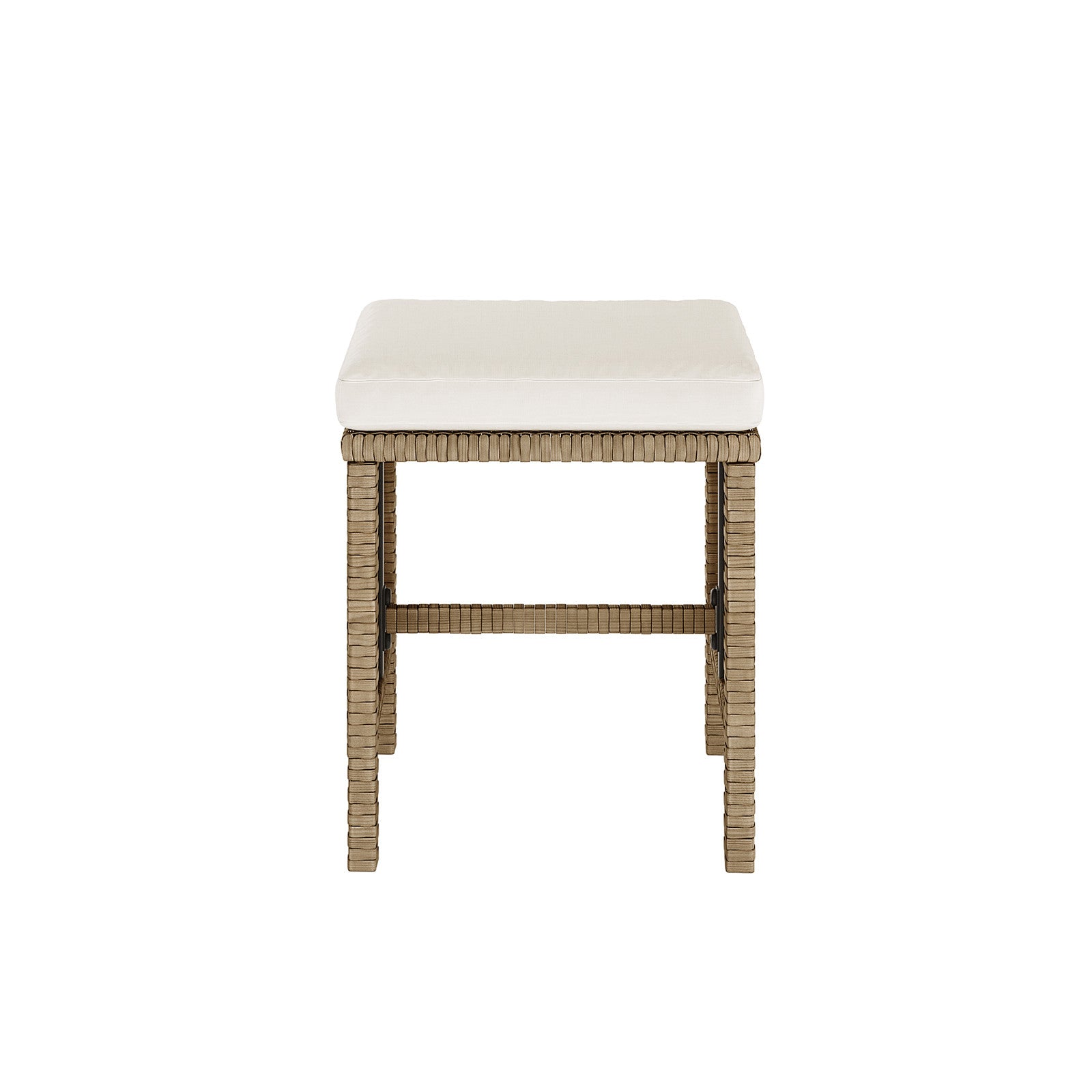 Vero 7 Seater Wicker Outdoor Dining Sofa Set in Natural, featuring a small square stool with a woven frame and a removable light-colored seat cushion, highlighting its elegant and functional design.