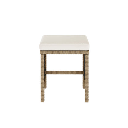 Vero 7 Seater Wicker Outdoor Dining Sofa Set in Natural, featuring a small square stool with a woven frame and a removable light-colored seat cushion, highlighting its elegant and functional design.