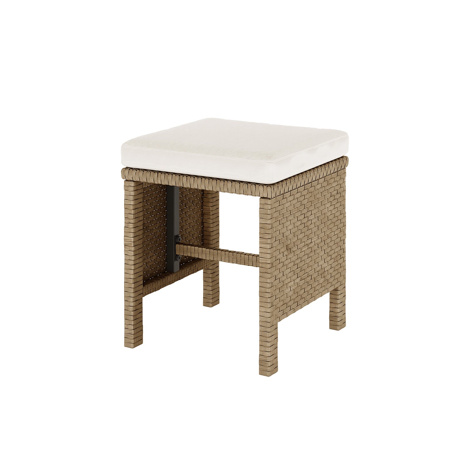 Vero 7 Seater Wicker Outdoor Dining Sofa Set in Natural features a small square wicker ottoman with a removable white cushion, showcasing its stylish woven base suitable for patio use.