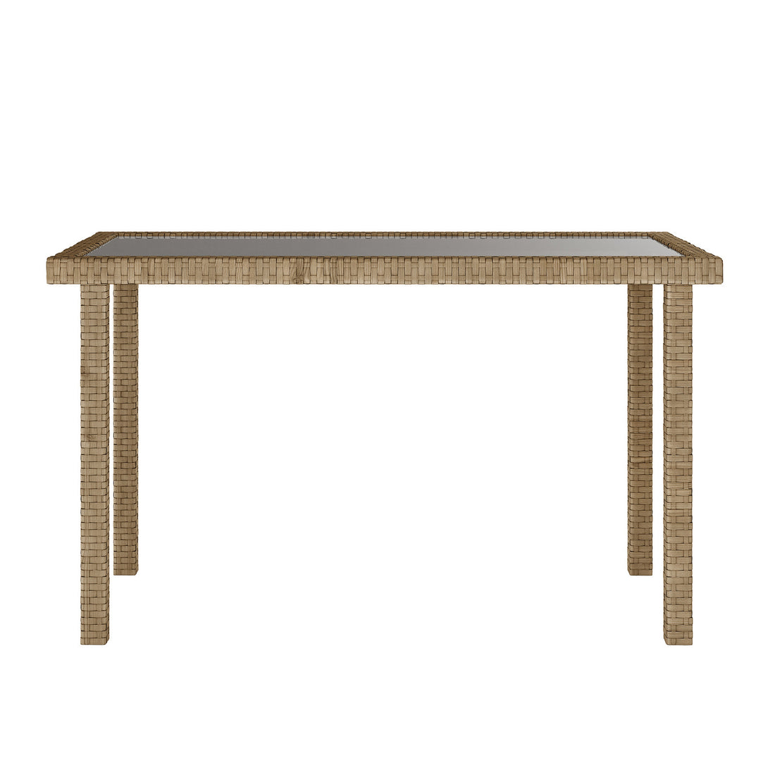 Vero 7 Seater Wicker Outdoor Dining Sofa Set in Natural, featuring a rectangular table with a wicker frame and clear glass top, supported by four woven legs, ideal for outdoor settings.
