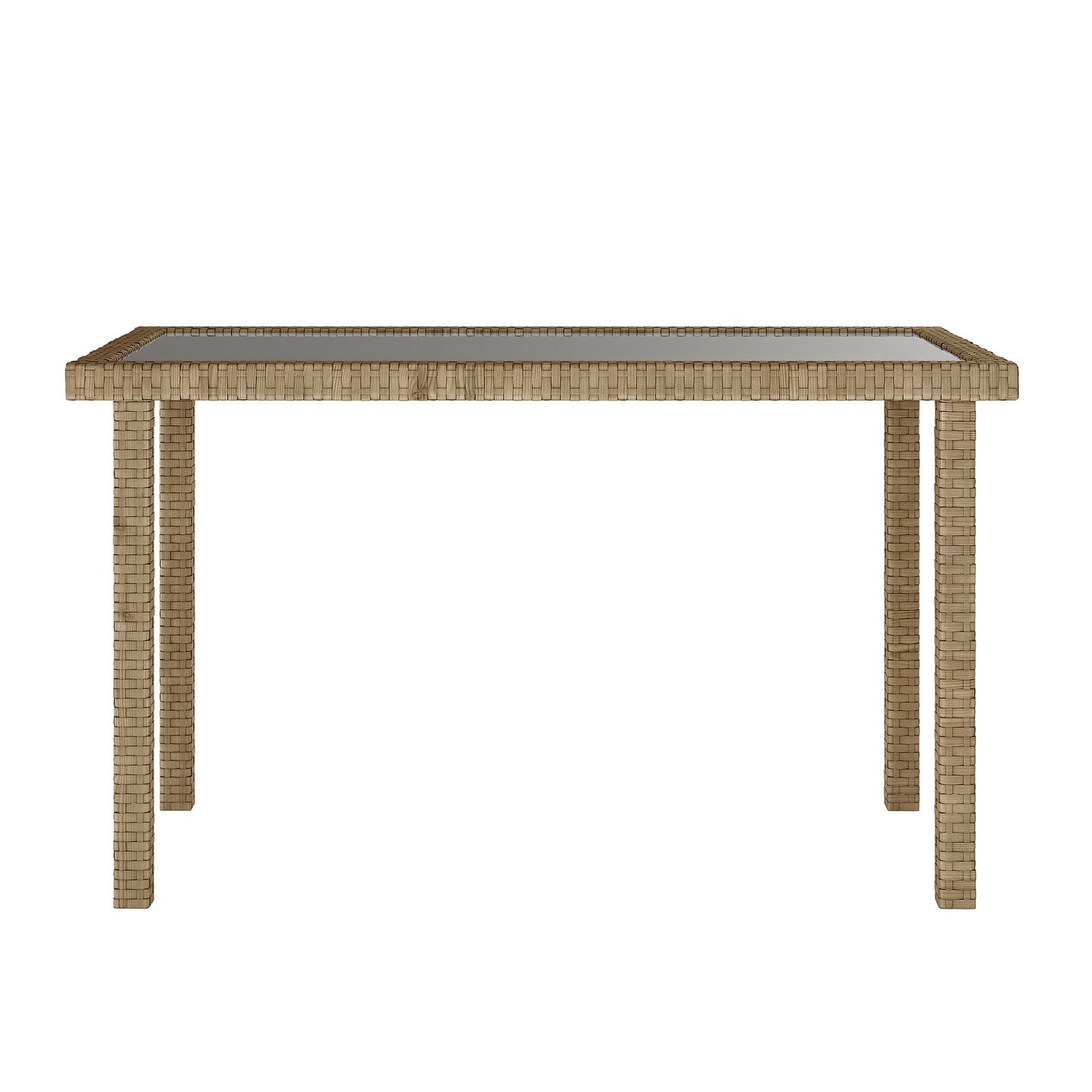 Vero 7 Seater Wicker Outdoor Dining Sofa Set in Natural, featuring a rectangular table with a wicker frame and clear glass top, supported by four woven legs, ideal for outdoor settings.