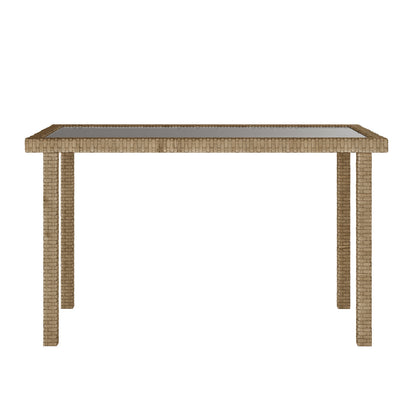 Vero 7 Seater Wicker Outdoor Dining Sofa Set in Natural, featuring a rectangular table with a wicker frame and clear glass top, supported by four woven legs, ideal for outdoor settings.