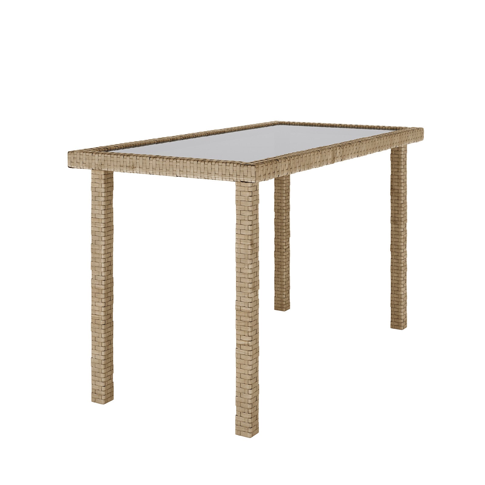 Vero 7 Seater Wicker Outdoor Dining Sofa Set in Natural features a narrow, rectangular wicker-wrapped table with a clear glass top, emphasizing outdoor elegance and functionality.