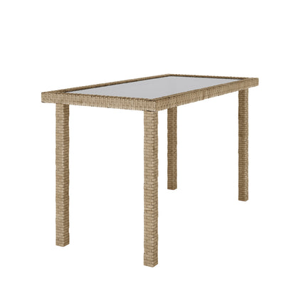 Vero 7 Seater Wicker Outdoor Dining Sofa Set in Natural features a narrow, rectangular wicker-wrapped table with a clear glass top, emphasizing outdoor elegance and functionality.