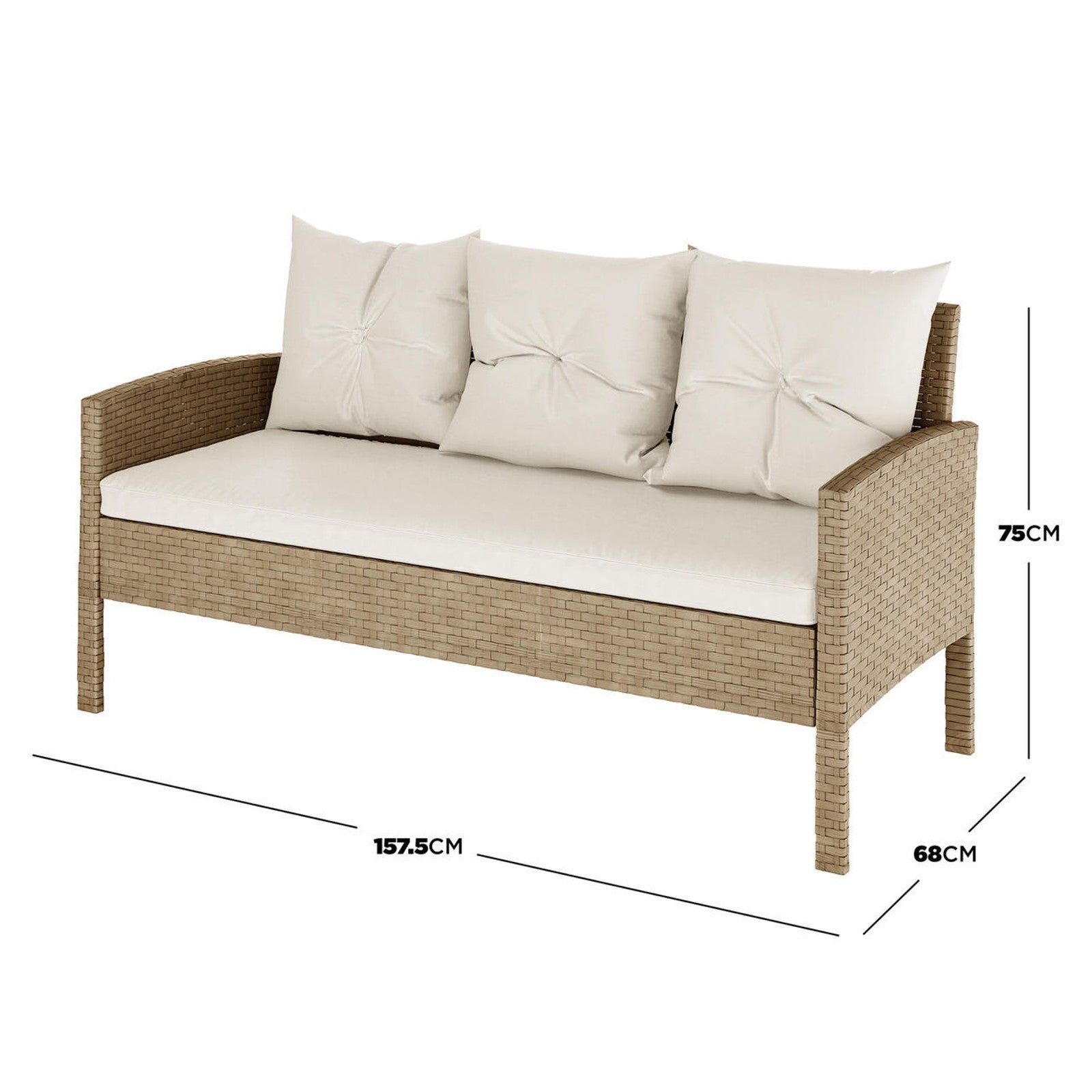 Vero 7 Seater Wicker Outdoor Dining Sofa Set in Natural featuring a two-seat wicker bench with a single seat cushion and three loose back cushions, measuring 157.5 cm wide, 68 cm deep, and 75 cm tall.