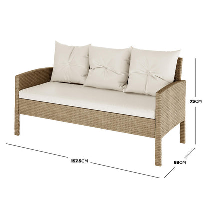 Vero 7 Seater Wicker Outdoor Dining Sofa Set in Natural featuring a two-seat wicker bench with a single seat cushion and three loose back cushions, measuring 157.5 cm wide, 68 cm deep, and 75 cm tall.