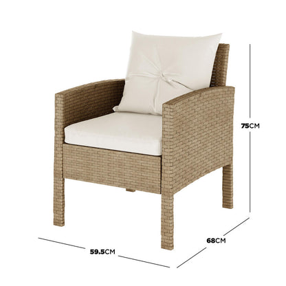 Vero 7 Seater Wicker Outdoor Dining Sofa Set in Natural features a tan synthetic rattan armchair with cream cushions, straight square armrests, and dimensions: 59.5 cm width, 68 cm depth, 75 cm height.