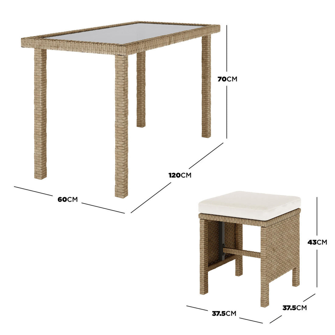 Vero 7 Seater Wicker Outdoor Dining Sofa Set in Natural features a rectangular wicker high table with glass top and a matching square wicker stool with white cushioned top.