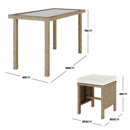 Vero 7 Seater Wicker Outdoor Dining Sofa Set in Natural features a rectangular wicker high table with glass top and a matching square wicker stool with white cushioned top.
