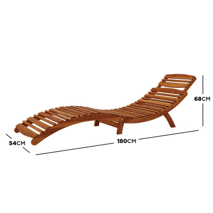 Wave Timber Outdoor Foldable Sun Lounge Natural; features ergonomic wave design with smooth curved edges and foldable eucalyptus wood frame, positioned for outdoor use, highlighting its durable and weather-resistant qualities.