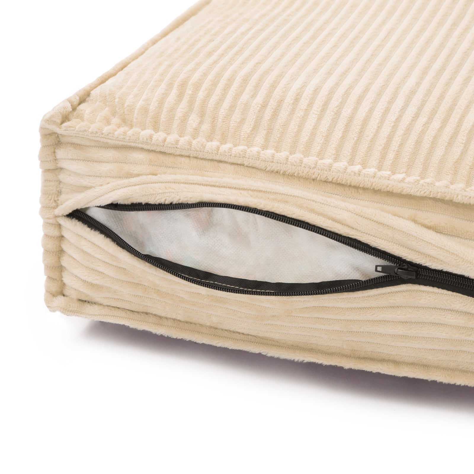 Dax Extra Large Corduroy Dog Bed – Beige Comfort, showcasing close-up details of its soft corduroy fabric, plush fill, and smooth zipper, designed for large dogs' support and easy cleaning.