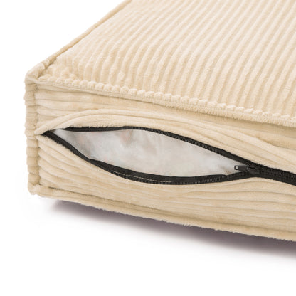 Dax Extra Large Corduroy Dog Bed – Beige Comfort, showcasing close-up details of its soft corduroy fabric, plush fill, and smooth zipper, designed for large dogs' support and easy cleaning.