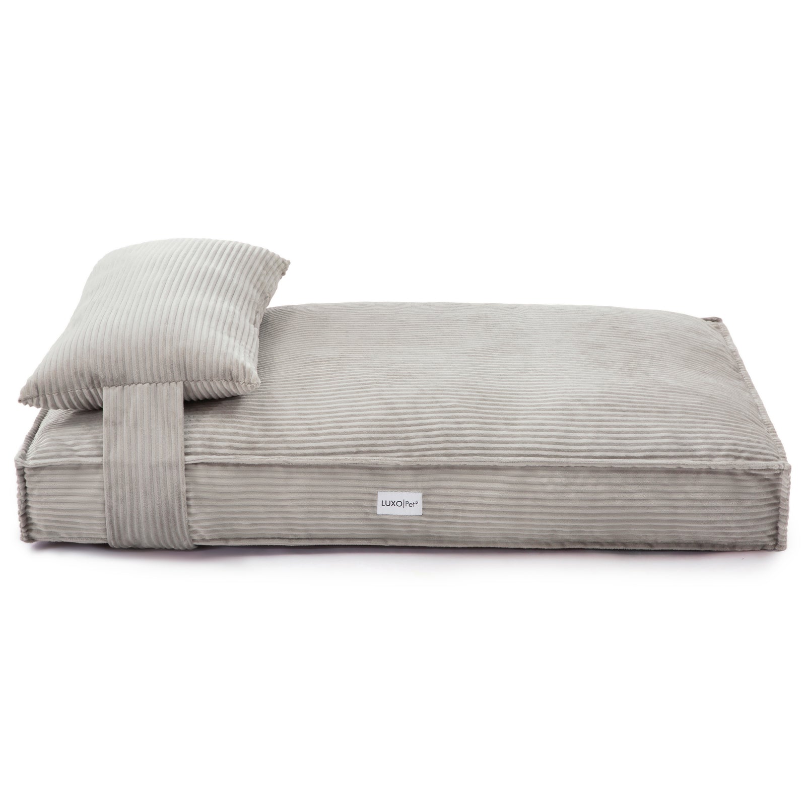 Dax Extra Large Corduroy Dog Bed – Grey Comfort: Close-up of plush, grey corduroy bed with raised bolster sides for support, featuring a non-slip base, ideal for large dogs.