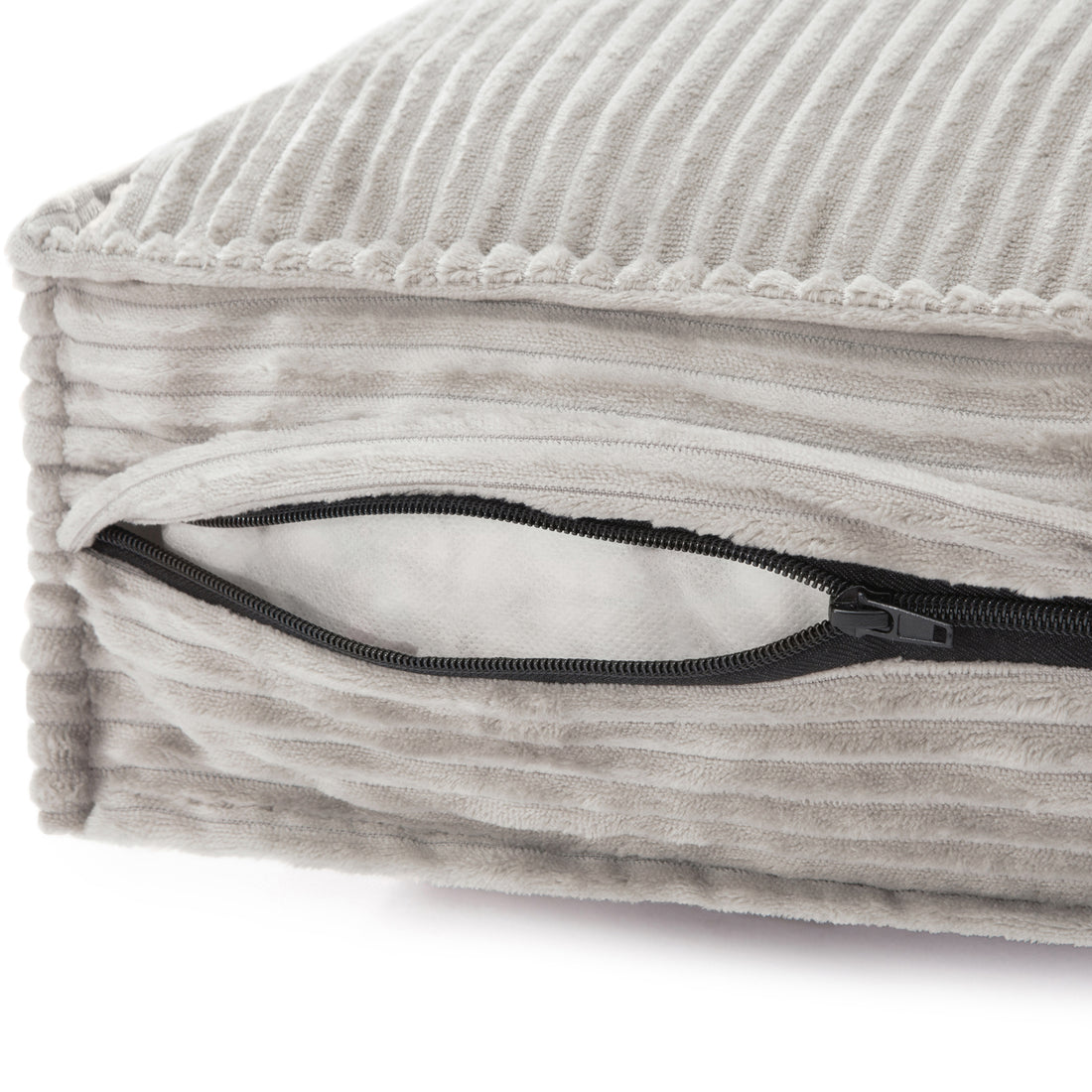 Dax Extra Large Corduroy Dog Bed – Grey Comfort: close-up of soft corduroy texture, plush fiber filling, and discreet YKK zipper, highlighting durable, stylish design for large dogs.