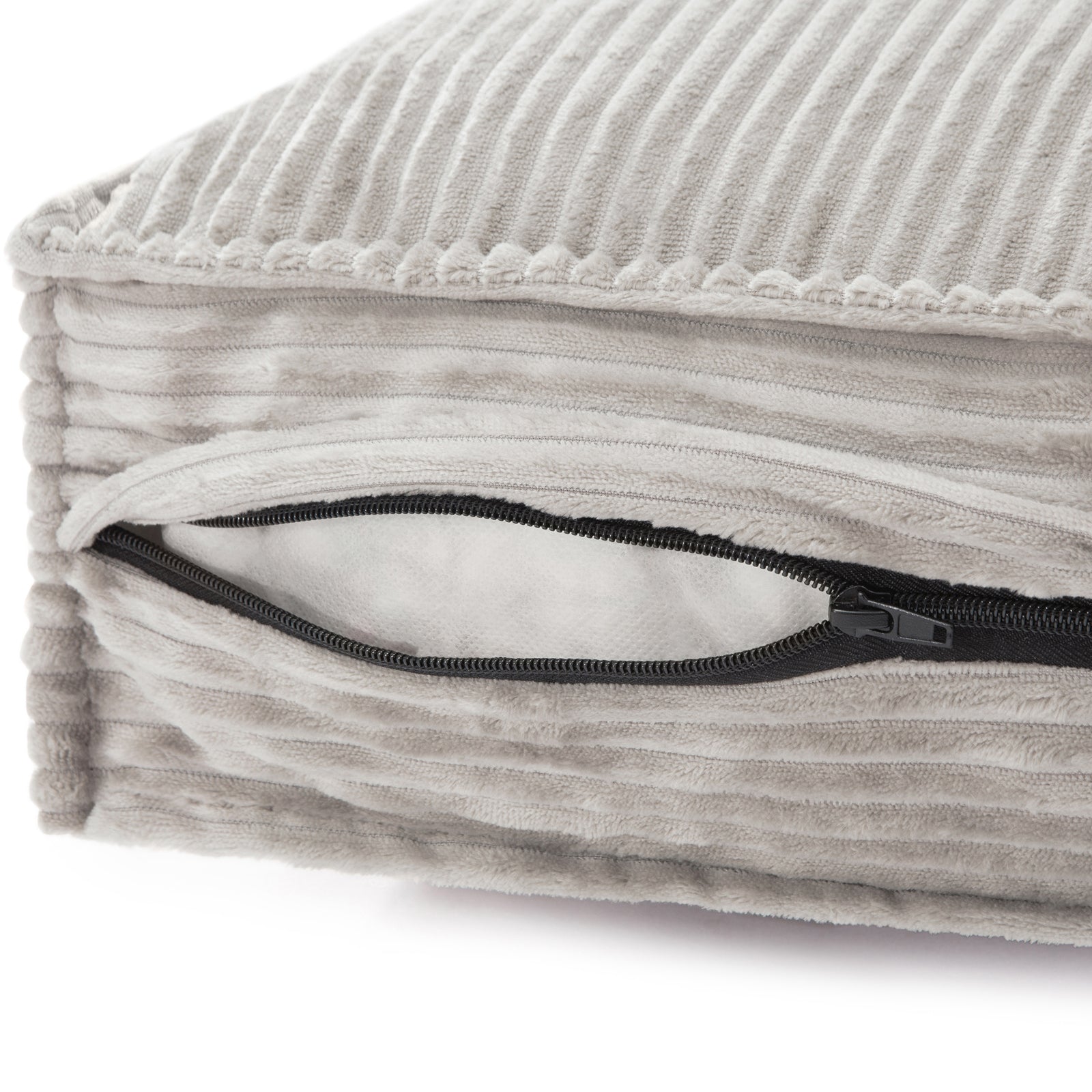 Dax Extra Large Corduroy Dog Bed – Grey Comfort: close-up of soft corduroy texture, plush fiber filling, and discreet YKK zipper, highlighting durable, stylish design for large dogs.