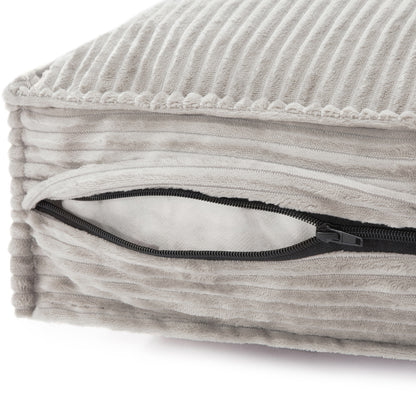 Dax Extra Large Corduroy Dog Bed – Grey Comfort: close-up of soft corduroy texture, plush fiber filling, and discreet YKK zipper, highlighting durable, stylish design for large dogs.