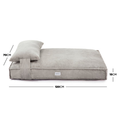 Dax Extra Large Corduroy Dog Bed – Grey Comfort: Features plush fibre filling, raised bolster sides for support, and a non-slip base. Perfect for large dogs seeking stylish and comfortable resting space.