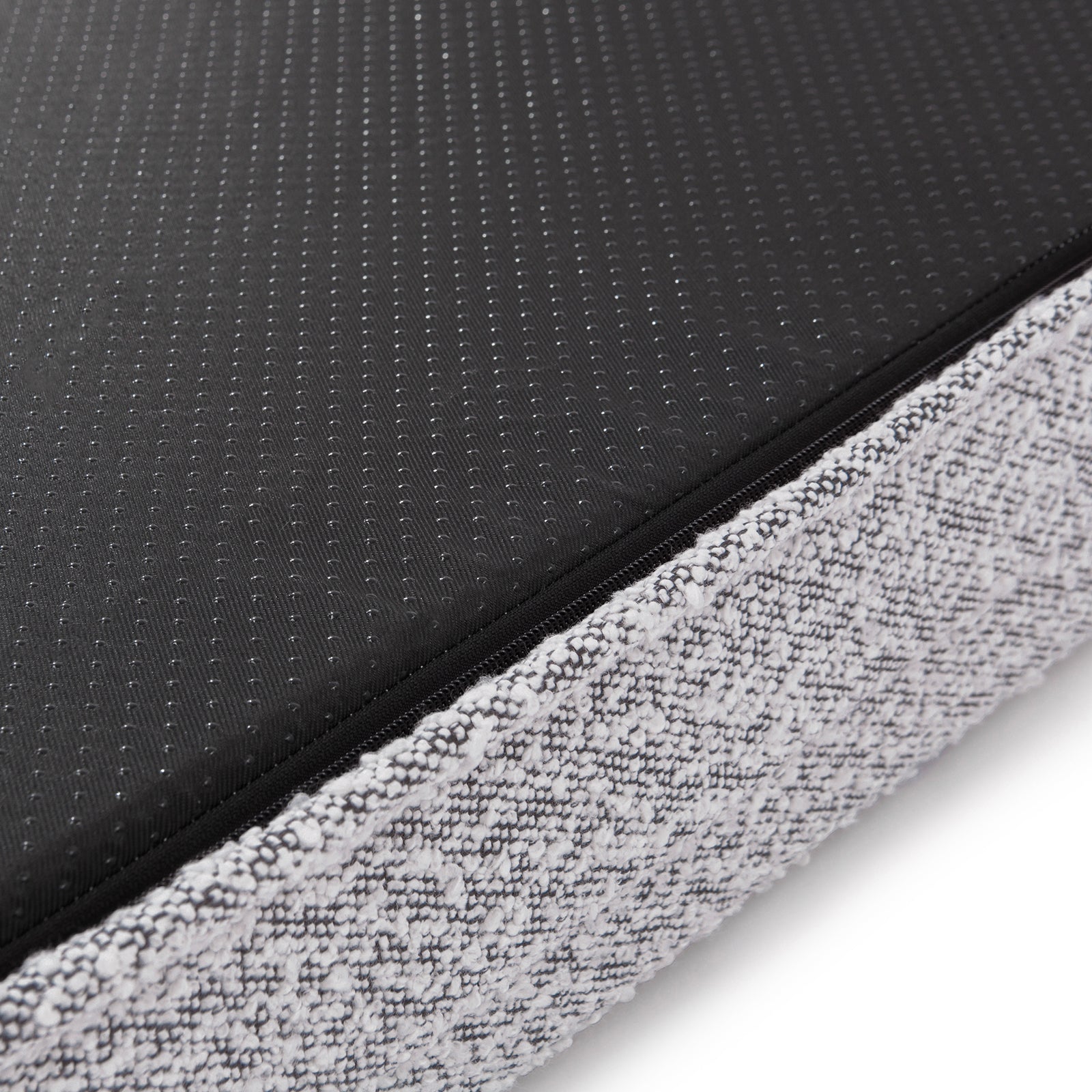Tyro Luxe Large Orthopedic Pet Bed in Black & White features textured boucle fabric, showcasing a close-up of its stylish pattern, designed for large dogs' comfort and home elegance.