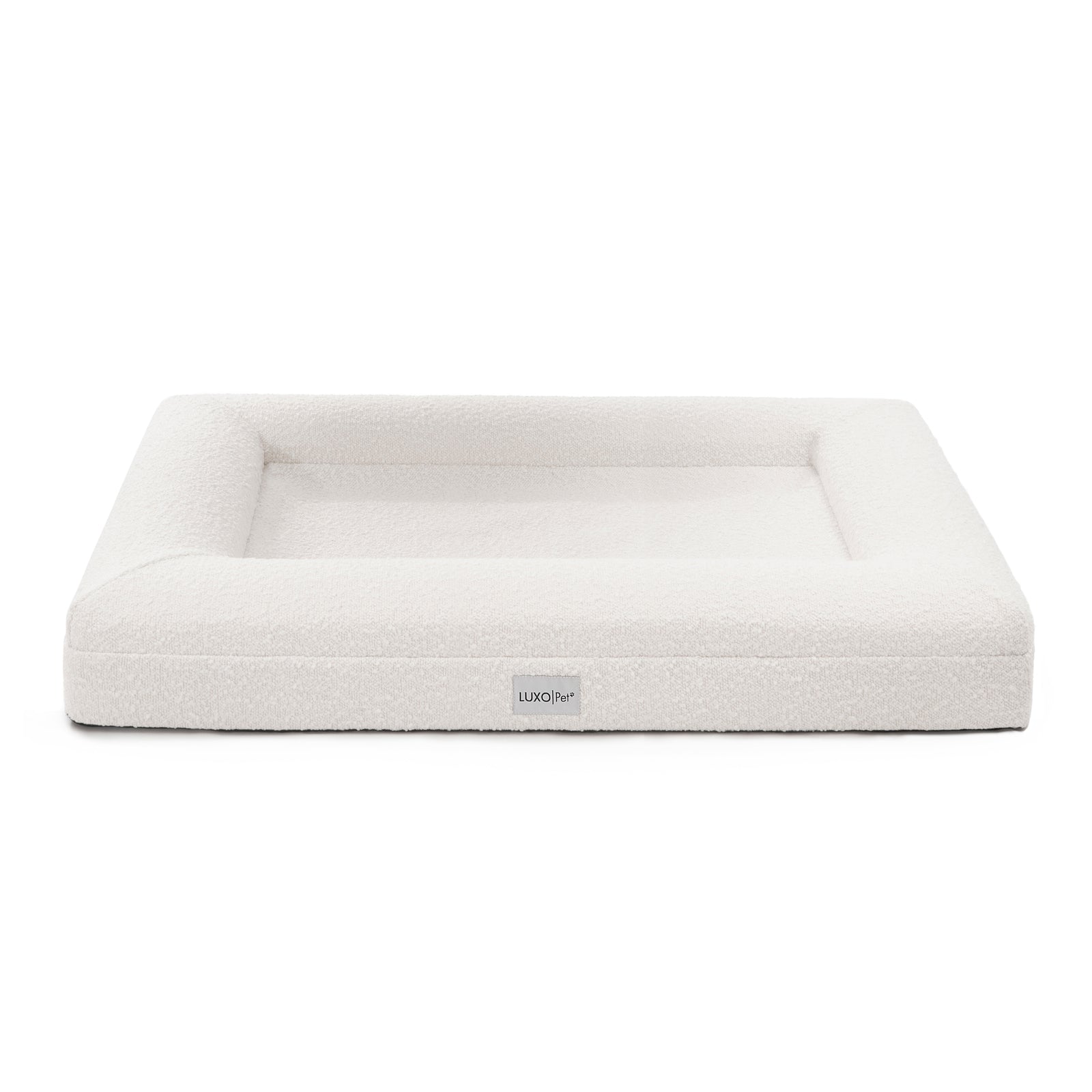 Tyro Luxe Large Orthopedic Pet Bed – Light Beige, featuring a plush boucle fabric surface and dual-layer memory foam, designed for large pets, visible against a neutral backdrop.